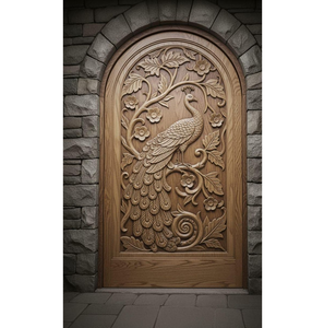 ประตูทางเข้าไม้เนื้อแข็งทรงโค้งแกะสลักลายนกยูง งานฝีมือสุดหรู ดีไซน์ดอกไม้ศิลปะ ทันสมัย ป้องกันลม - Product Image 1