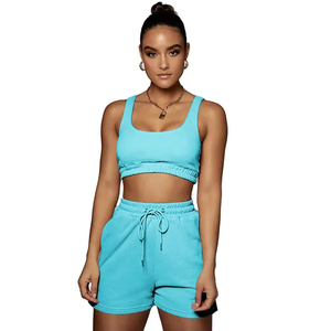 Orange Women Two Piece Shorts <b>Set</b> Sleeveless Crop Top Drawstring Above Knee Shorts Summer Casual Outfit 100% Cotton Anti-Wrinkle - Product Image 3