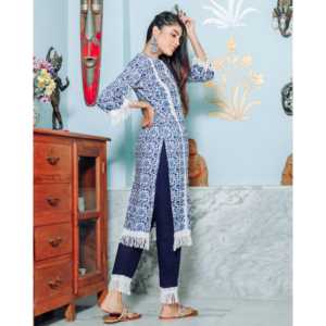 Ensemble Kurta pour femmes en denim bleu respirant en coton et fibre de bambou XS - Product Image 4