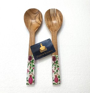 Juego de Servidores de Ensalada de Madera Natural Ecológica con Diseño de Granada, Utensilios de Cocina con Mango Largo - Product Image 2