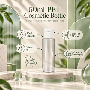 Envase Cosmético de PET de 50 ml con Tapa Abatible |   Envase de Plástico Transparente para Productos de Cuidado de la Piel, Cabello y Belleza, y Artículos Personales - Product Image 5