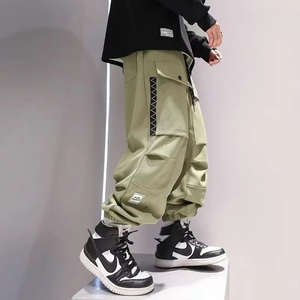 Summer Street Style Solid Color Trousers Men High Waist Elastic Waist Drawstring Bound Feet <b>Cargo</b> <b>Pants</b> Pockets <b>Waterproof</b> - Product Image 3