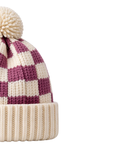 Gorro de Punto Personalizado con Diseño a Cuadros Morado y Blanco, Gorro de Invierno Cálido con Pompón, Gorro de Punto Grueso Unisex, Gorro con Logo Personalizado, Proveedor OEM - Product Image 2