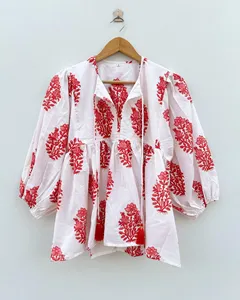 Vestido Casual de Verano de Algodón Blanco Premium con Estampado Floral a Mano, Manga Abullonada, Corte Holgado y Detalle de Lazo en el Cuello - Product Image 1