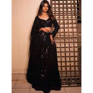 Magnético Negro Lentejuelas Georgette Club Vestidos Lehenga Choli con Dupatta - Product Image 4