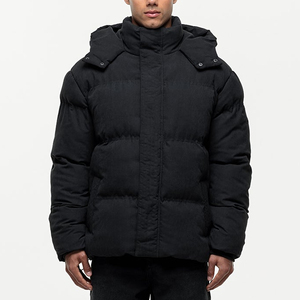 Men's <b>Black</b> Hooded Puffer Jacket Windproof Thick Winter Coat Stand Collar Regular Fit Zipper Closure Solid Color Casual Style - Product Image 1