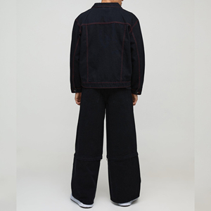 Veste en jean décontractée brodée coupe oversize coupe-vent à épaules tombantes pour homme, noire délavée, 100 % coton, hiver - Product Image 5