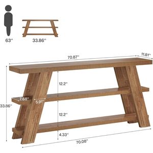 70.9\" Extra Long 3-Tier Wooden Sofa <b>Table</b> with Storage for Behind the Couch Console Accessory - Product Image 2