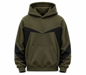 Sweat-shirt à capuche vert olive pour homme, design color block, coupe ample, streetwear, poche avant, tricoté en polyester polaire, hiver - Product Image 1