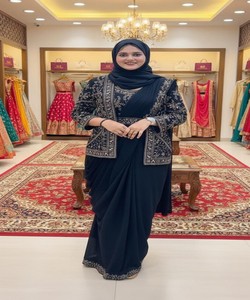 Sari Bordado con Chaqueta, Traje Tradicional de Boda para Mujer, Corte Regular, Estilo India Pakistán 86702 HV 9319 - Product Image 1