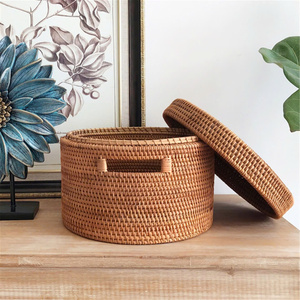 Panier de rangement rond en rotin, best-seller, avec couvercle et poignées découpées, pour la maison, l'hôtel, la station balnéaire, le salon, l'étagère, le bureau, la décoration - Product Image 6