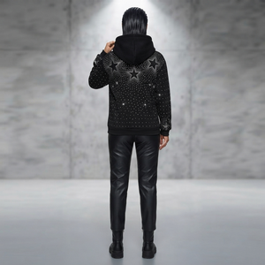 Sweat à capuche personnalisé avec étoiles en strass pour homme, en coton épais, motif diamant scintillant, noir, coupe oversize, style Y2K punk streetwear - Product Image 5