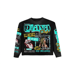 Custom Screen Print Men's <b>Black</b> <b>Long</b> <b>Sleeve</b> <b>Crop</b> <b>Top</b> Oversized Street Style Jersey Cotton O-Neck T-Shirt - Product Image 5