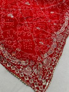 <b>Red</b> Embroidered Saree Fabric Heavy Hand Zari <b>Sequin</b> Square Shawl for Women Wedding Party - Product Image 4