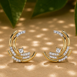 Boucles d'oreilles tendance en forme de croissant de lune à plusieurs rangs, en or massif 14 carats, serties de diamants de laboratoire taille ronde, pour femmes, bijoux de mariée uniques - Product Image 1