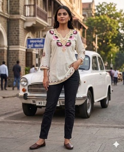 <b>Indian</b> Women Wear Cotton Kurti Traditional Embroidered Floral Loose Fit Midi <b>Top</b> Casual Wear India Pakistan Style Tunic <b>Top</b> - Product Image 1