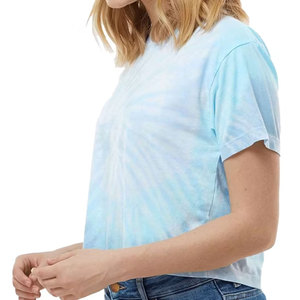 Women <b>Tie</b> <b>Dye</b> Crop T-<b>Shirt</b> Short Sleeve Crew Neck Loose Fit Casual Summer Style Breathable 100% Cotton Jersey Knitted Top - Product Image 6
