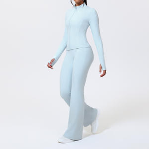 Nouvel ensemble de sport tendance pour femme : veste zippée à manches longues et pantalon évasé taille haute pour la gym, le fitness et le yoga - Product Image 1