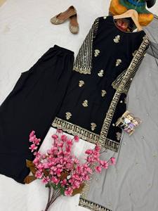 ชุดคุर्ตาปักลายสีดำสำหรับผู้หญิง พร้อมกางเกงและผ้าคลุมไหล่ – ชุดสัลวาร์สำหรับงานเทศกาลแบบอินเดียและปากีสถาน - Product Image 6
