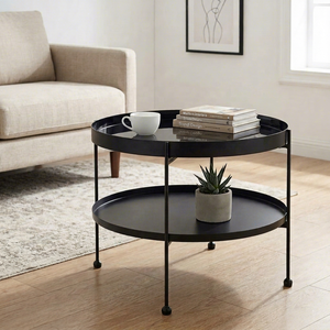 Modern 2-Tier Metal Tray Coffee <b>Table</b> Round Black Center <b>Table</b> for Living Room or Bedroom Decor Wholesale <b>Small</b> Accent <b>Table</b> - Product Image 1