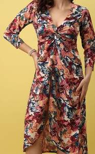 เดรสทรงเอพิมพ์ลายดอกหลากสี คอวี แขนสั้น ความยาวปานกลาง ชายกระโปรงบาน ผ้าจอร์เจตต์ เอวธรรมชาติ เป็นมิตรกับสิ่งแวดล้อม - Product Image 5