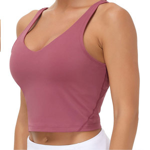 Women V-Neck Spaghetti Strap <b>Crop</b> <b>Top</b> Solid Color Breathable Yoga Tank <b>Top</b> Medium Support Seamless Activewear - Product Image 5