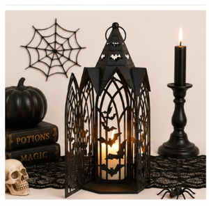 Factory Supply Classic Black <b>Lantern</b> Candle Holder Spooky Bat & Haunted House Tabletop Centerpiece for Halloween Home Decor - Product Image 2