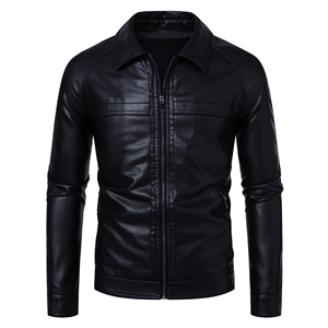 Veste en cuir noire pour homme, col rabattu, fermeture éclair, coupe ajustée, style moto, couleur unie, pour l'automne - Product Image 1