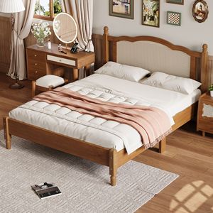 Cadre de lit vintage Queen Size avec lattes en bois de noyer et tête de lit en rotin naturel – Arrivée prévue - Product Image 2