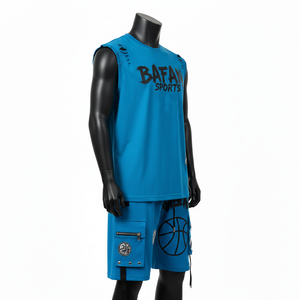 Conjunto de camiseta sin mangas y pantalones cortos para hombre, mezcla de algodón premium, felpa francesa, bolsillo cargo, estampado personalizado. - Product Image 5