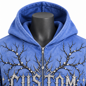 Blue <b>Gothic</b> Zip-Up <b>Hoodie</b> with Rhinestone Embellished Design Unisex Regular Fit Velour Casual Winter Sweatshirt - Product Image 2