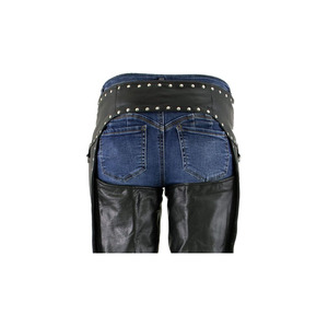 Women Samroz Sports SP-500-01 Premium Leather Sleeveless Motorcycle Chaps Adjustable <b>Belt</b> <b>Studs</b> D-Rings Fully Lined All Seasons - Product Image 3