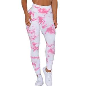High Waist Tie Dye <b>Leggings</b> Full Length Stretchy Sporty Women's Pants Pink White <b>Pattern</b> Knitted Fabric - Product Image 1