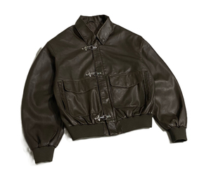 Men's Dark Brown Faux Leather Bomber Jacket Metal Buckle Closure Point Collar Cargo Pocket Oversized Vintage Streetwear <b>Coat</b> - Product Image 2