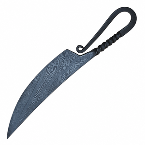 Cuchillo de Caza Curvo con Patrón Damasco Azul Gris, Mango de Metal Trenzado Negro, Agarre de Gancho y Bucle, Herramienta de Corte para Camping al Aire Libre - Product Image 1