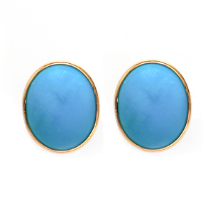 Natural Turquoise Oval Stud <b>Earrings</b> in Solid 14K Yellow Gold Bezel Set Gemstone Cabochon <b>Posts</b> – Luxury December Birthstone - Product Image 1