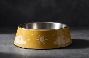 OEM Tazón para perros de acero inoxidable con esmalte amarillo, base antideslizante, diseño Sol y Nube, para comida y agua de mascotas, venta al por mayor - Product Image 2