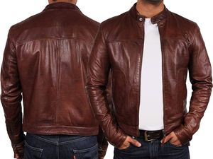 Blouson moto homme en cuir PU marron, col montant, fermeture éclair, coupe ajustée, manches classiques, couleur unie, pour l'automne - Product Image 2