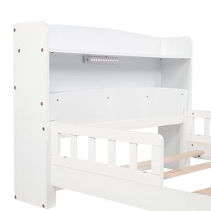Letto in Legno di Pino con Luce LED a Sensore di Movimento, Sponde di Sicurezza e Libreria Integrata, Bianco - per Bambini - Product Image 4