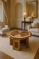 Table basse en teck marqueterie, élégante table centrale en bois pour salon, coin canapé, meuble décoratif pour la maison, décoration intérieure moderne.