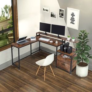 FCH Retro Wood Grain Triamine Surface <b>File</b> <b>Drawer</b> Cabinet L-Shaped Black Iron Pipe 2*USB Port 2*Three Computer Desks - Product Image 4