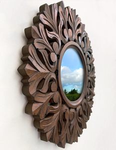 Handcrafted <b>Round</b> Wooden <b>Wall</b> <b>Mirror</b> Decorative Floral Carved Frame Rustic Home Decor Accent <b>Mirror</b> - Product Image 4