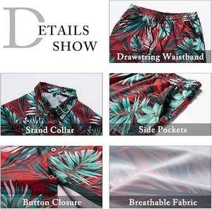 Conjunto de Dos Piezas para Hombre, Camisa y Pantalones Cortos con Estampado de Hojas Tropicales, Estilo Vintage Rojo, Transpirable, Casual, para Vacaciones de Verano en la Playa - Product Image 4