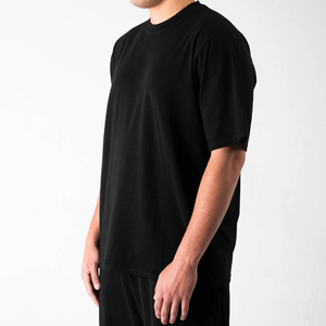 Oversized Black Plain Cotton <b>T</b>-<b>Shirt</b> Short Sleeve O-Neck Casual Men's Jersey Knit Solid Color <b>Long</b> <b>Length</b> Drop Shoulder Style - Product Image 3