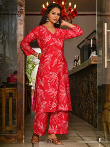 Salwar Kameez Rojo de Algodón para Mujer, Estampado de Hojas, Estilo Étnico para Fiestas, Cuello en V, Manga Tres Cuartos, Proveedor al por Mayor - Product Image 3