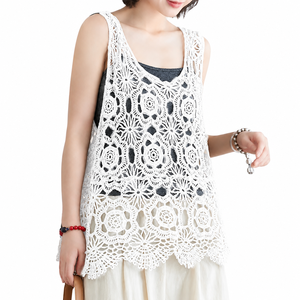 Débardeur décontracté en crochet pour femme, col en V, sans manches, respirant, longueur normale, marron, logo frontal, 100 % coton - Product Image 3