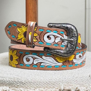 Personalized Western Hand <b>Tooled</b> Leather <b>Belt</b> with Sunflower Floral Design & Antique Silver Buckle Genuine Cowhide for Unisex - Product Image 4