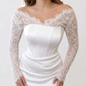 Vestido de Novia Sirena con Hombros Descubiertos, Elegante Vestido de Novia de Satén con Mangas Largas de Encaje, Vestido de Novia de Diseñador, Vestido de Novia Blanco - Product Image 1