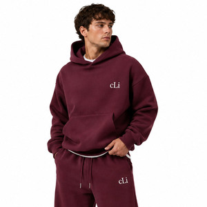 Conjuntos a juego oversize color burdeos: Sudaderas con capucha de corte holgado y pantalones de chándal de pierna ancha, de felpa de algodón de 450 GSM de alto gramaje, estilo streetwear, con logotipo personalizado. - Product Image 2