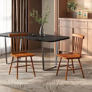 Set di 2 Sedie da Pranzo in Legno Massello Stile Rustico con Schienale a Fuso, Colore Marrone Chiaro - Product Image 2